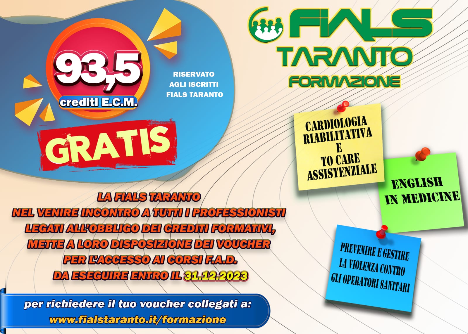 📢 FIALS TARANTO erogherà ai propri iscritti93,50 crediti ECM GRATUITI,rivolti a tutti i professionisti sanitari che hanno l’obbligo alla formazione continua.